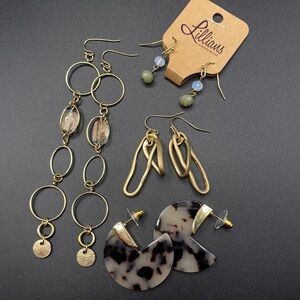 Gold Tone Pierced Earring Bundle Tortoise Shell Shoulder Dusters 4 Pairs Lot